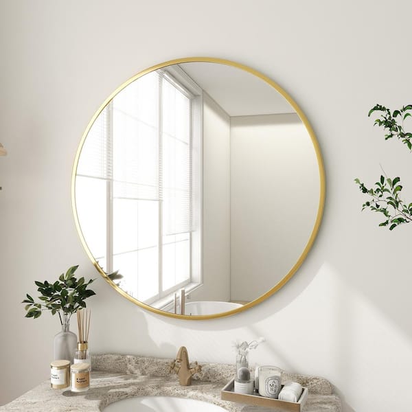 GLSLAND 24 in. W x 24 in. H Round Metal Framed Wall Bathroom Vanity Mirror Gold