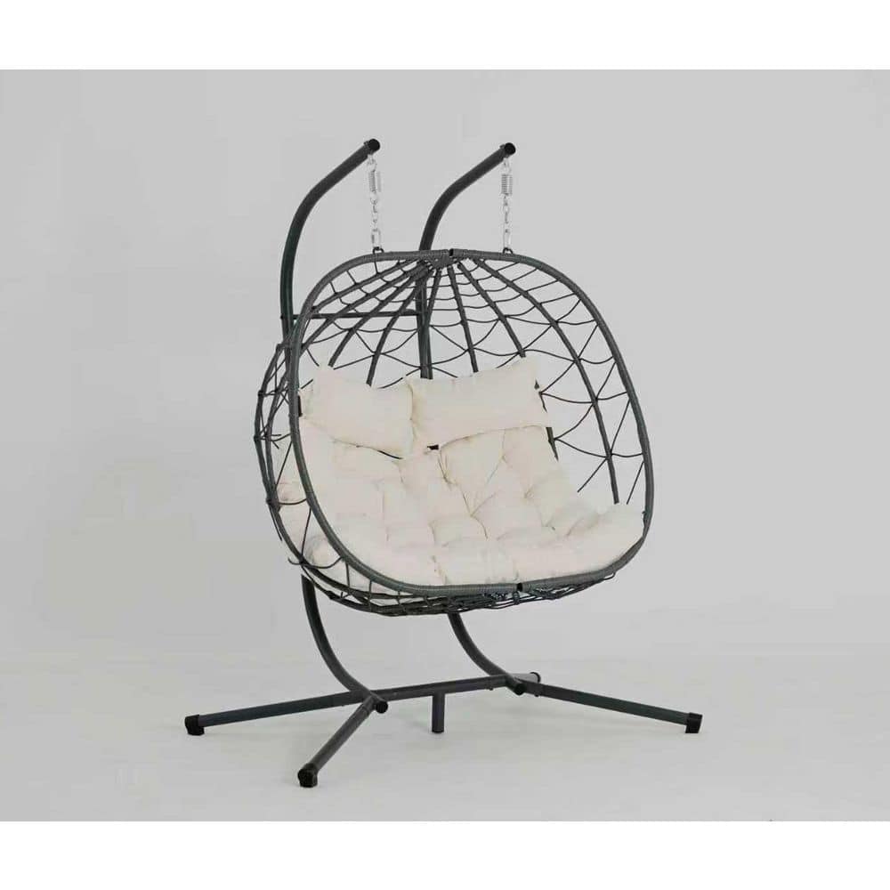 2-Person Light Gray Egg Swing Chair, Indoor/Outdoor Hanging Chair for Patio, Balcony, Bedroom and Living Room Foldable