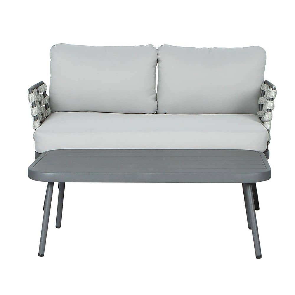 Julian Outdoor 2 Piece Grey Metal and Rope Weave Loveseat and Table Set Patio Conversation Set with Light Gray Cushions