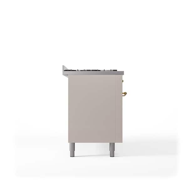 Nostalgie II 60 in. 9 Burner+Griddle Freestanding Double Oven Dual Fuel Range in Antique White with Brass