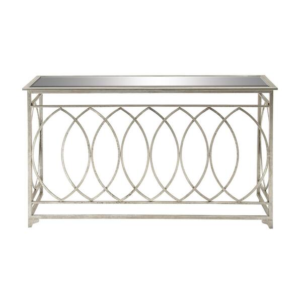 Photo 1 of 54 in. Silver Extra Large Rectangle Metal Geometric Console Table with Mirrored Glass Top758647670772
