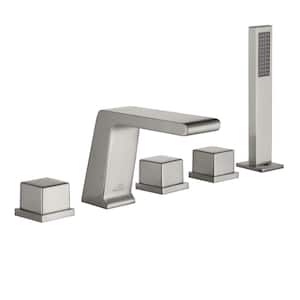 3-Handle Tub-Mount Roman Tub Faucet with Hand Shower in Brushed Nickel