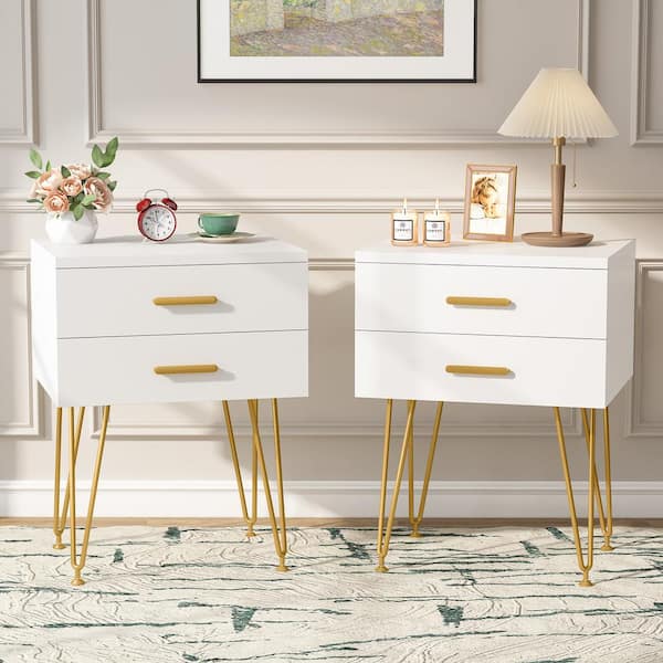 Tribesigns 2-Drawers White Gold (Set of 2) Bedside Table with Metal Legs Wood Nightstand 15.75 in. D x 19.69 in. W x 26 in. H