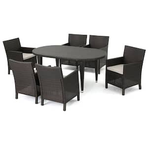 Sardinia 30 in. Multi-Brown 7-Piece Metal Oval Outdoor Dining Set with Light Brown Cushions