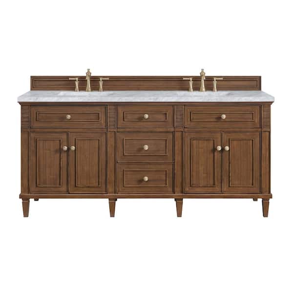 James Martin Vanities Lorelai 72.0 in. W x 23.5 in. D x 34.06 in. H Double Sink BathVanity in Mid-Century Walnut with Carrara White Marble Top