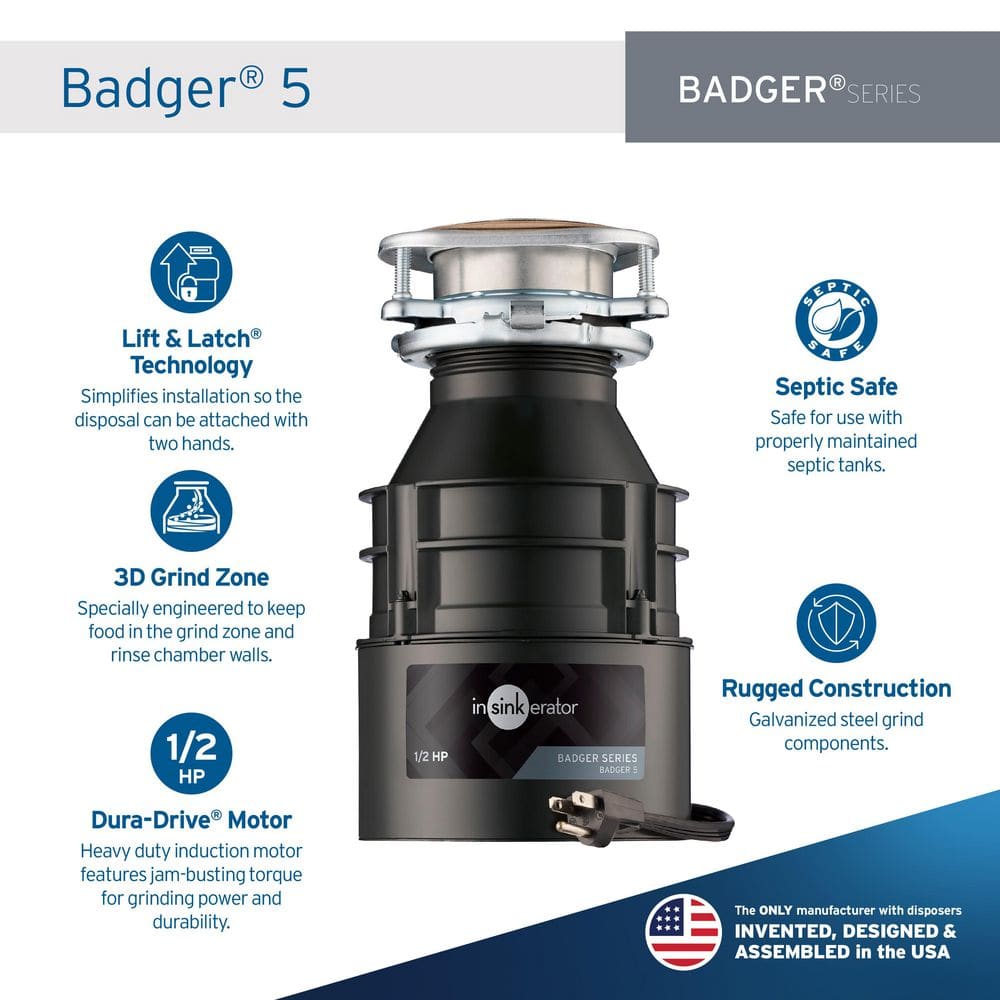 Badger 5 Black and Gray 1/2 HP Continuous Feed Garbage Disposal
