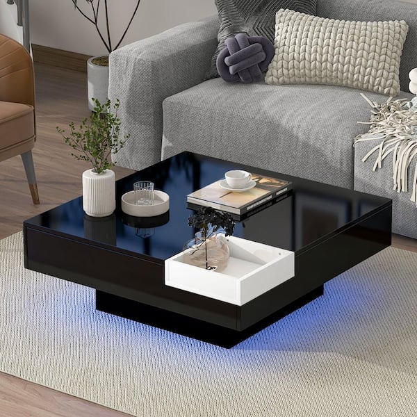 Harper & Bright Designs Black 31.5 in. High Gloss Surface Square MDF Coffee Table with Detachable Tray and Plug-in 16-color LED Strip Lights