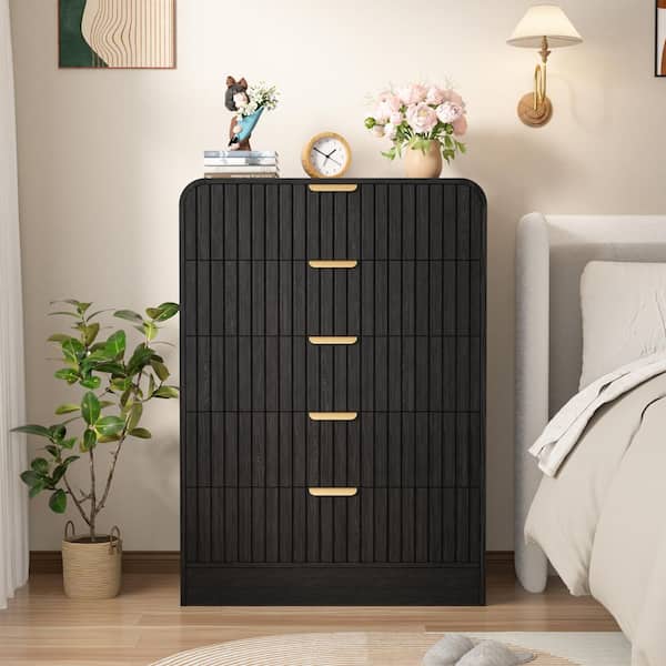 Black 5-Drawer 31.5 in. W MDF Rounded Corner Dressers Chest of Drawers with Metal Handles