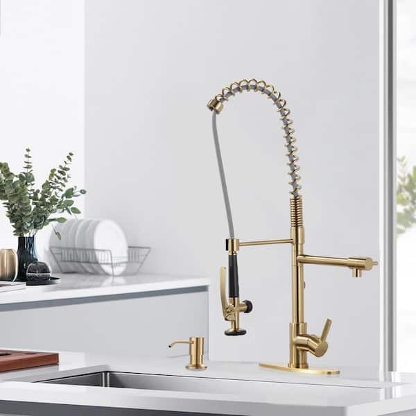 28.7 in. Single Handle Spring Pull Down Sprayer Kitchen Faucet with 2 x 360° Swivel Spout and Soap Dispenser in Gold