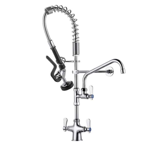 Solid Brass Commercial Deck Mount Triple Handle Pull Down Sprayer Kitchen Faucet with Pre-Rinse Sprayer in Chrome