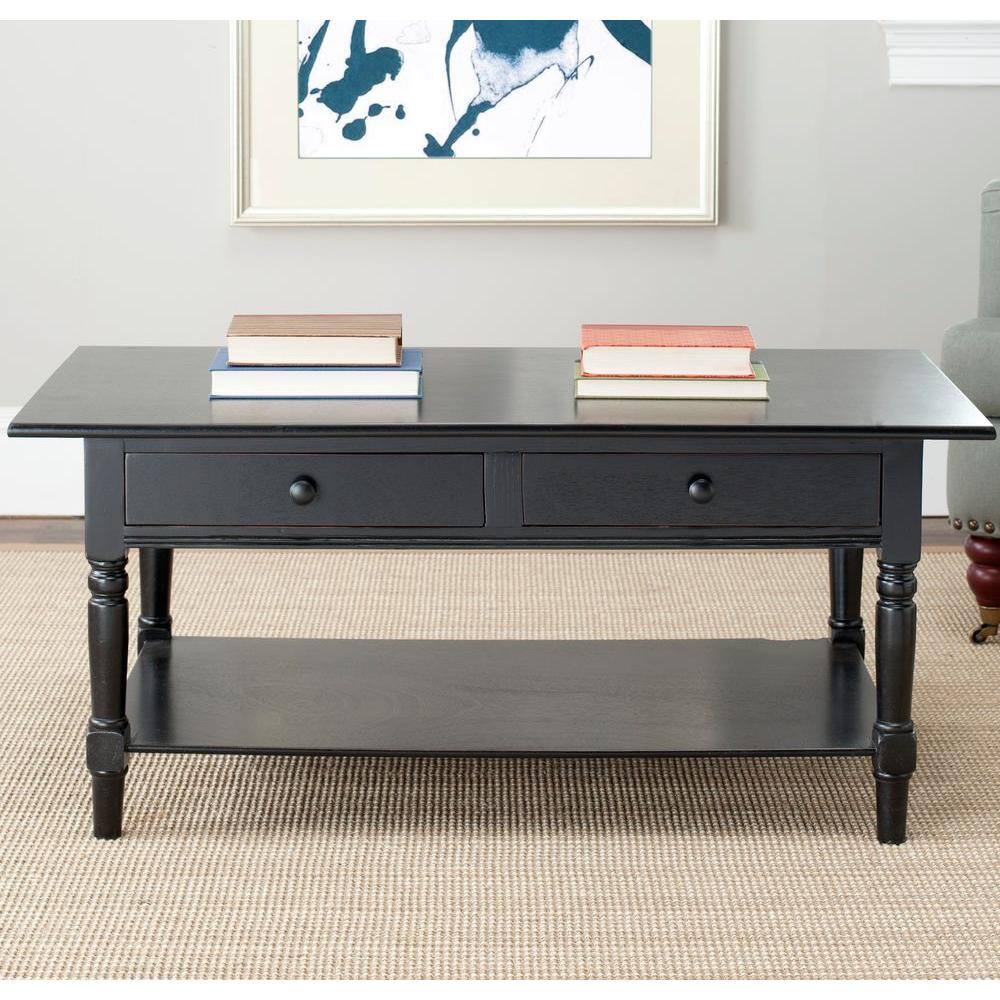 Distressed Black Pine Wood Rectangular Coffee Table with Storage