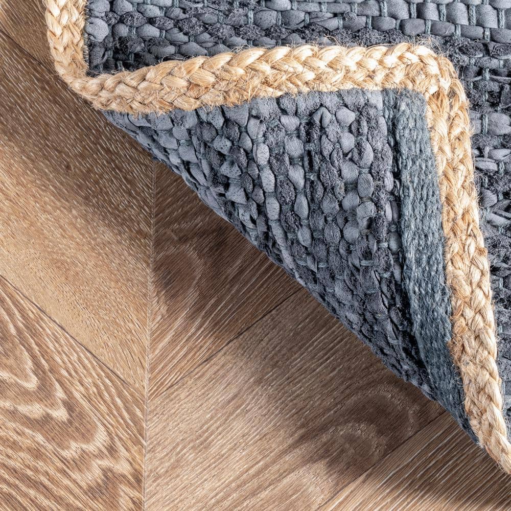Handwoven Coastal Hemp & Leather 3' x 5' Blue Area Rug