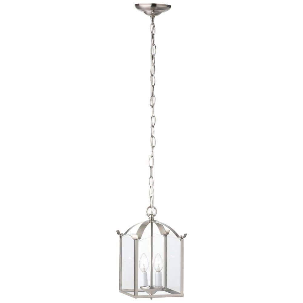 Elegant Brushed Nickel 2-Light Candelabra Chandelier with Clear Glass Panels