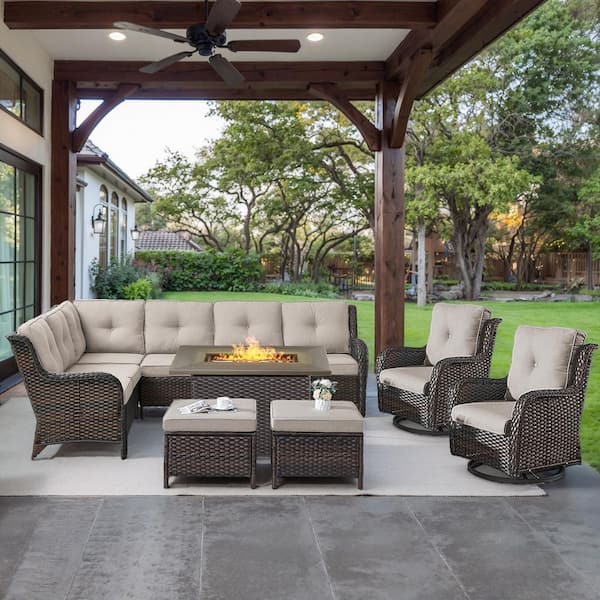 Brown 6-Piece Wicker Patio Fire Pit Set, Outdoor Sectional Seating Set with Olefin Beige Cushions and Swivel Rockers