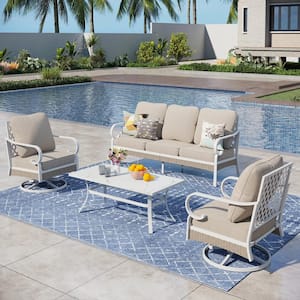 Metal 4-Piece Steel Outdoor Patio Conversation Set With Swivel Chairs, Beige Cushions and Table With Marble Pattern Top