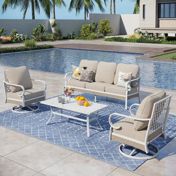 PHI VILLA Metal 4-Piece Steel Outdoor Patio Conversation Set With Swivel Chairs, Beige Cushions and Table With Marble Pattern Top
