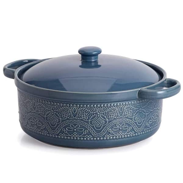 2 Qt. Lace Emboss Casserole Dish with Lid, Ceramic Round Serving Dish with Handles for Dinner, Blue