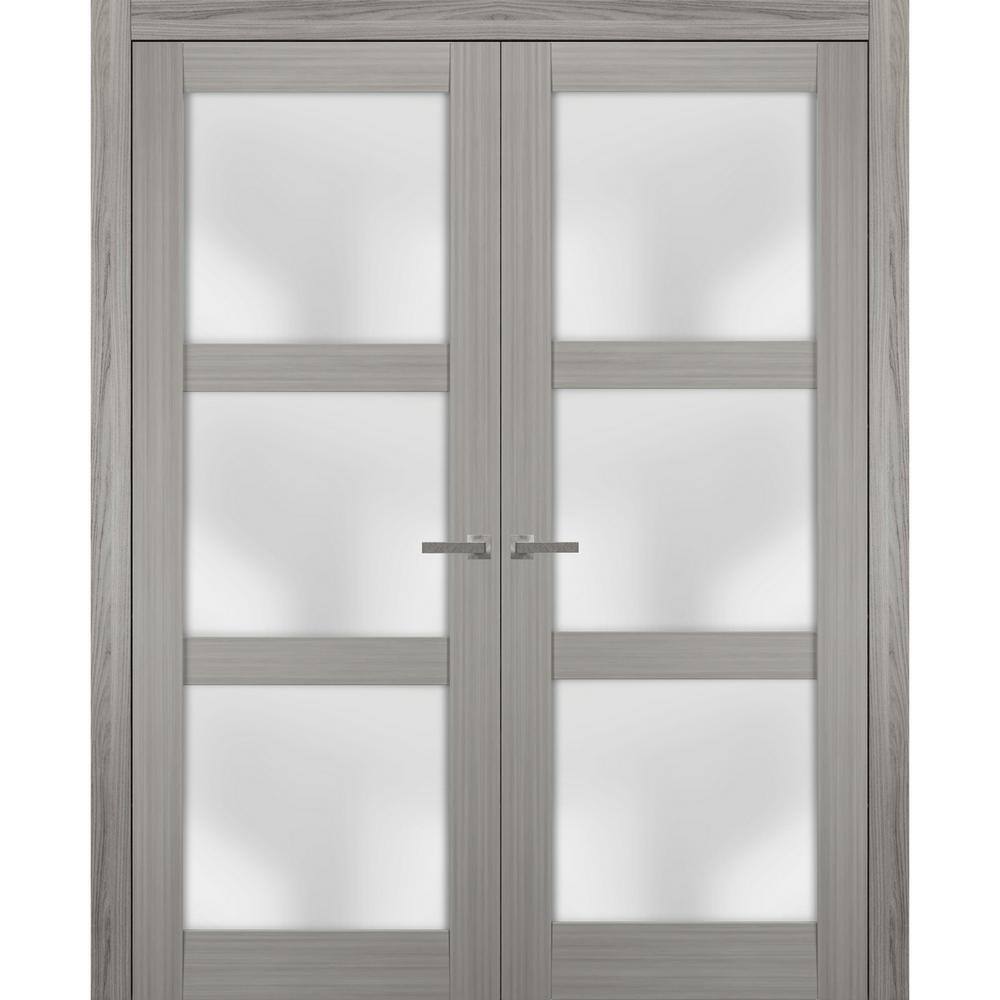 Solid Pine French Double Doors with Frosted Glass Panels