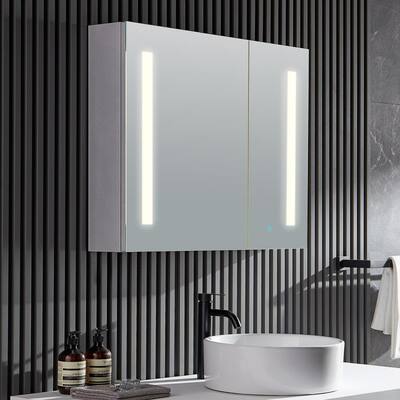 Ether 32 in. W x 28 in. H Recessed or Surface Mount Medicine Cabinet in Silver with LED Lighting and Mirror Defogger