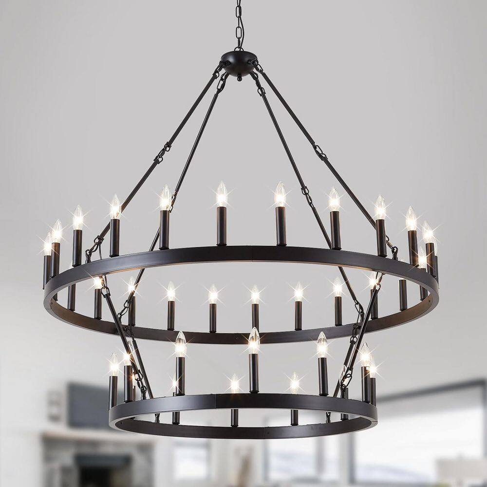 36-Light 2-Tiers Wagon Wheel Chandelier,Adjustable Height Light Fixtures fo