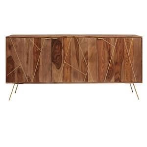 Dark Natural Finish Buffet Table with Gold Metal Inlay (63 in. W x 29.5 in. H)