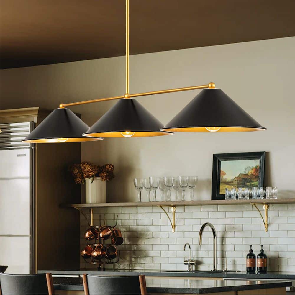 RRTYO Lani 3-Light Black and Gold Metal Industrial Cone Linear