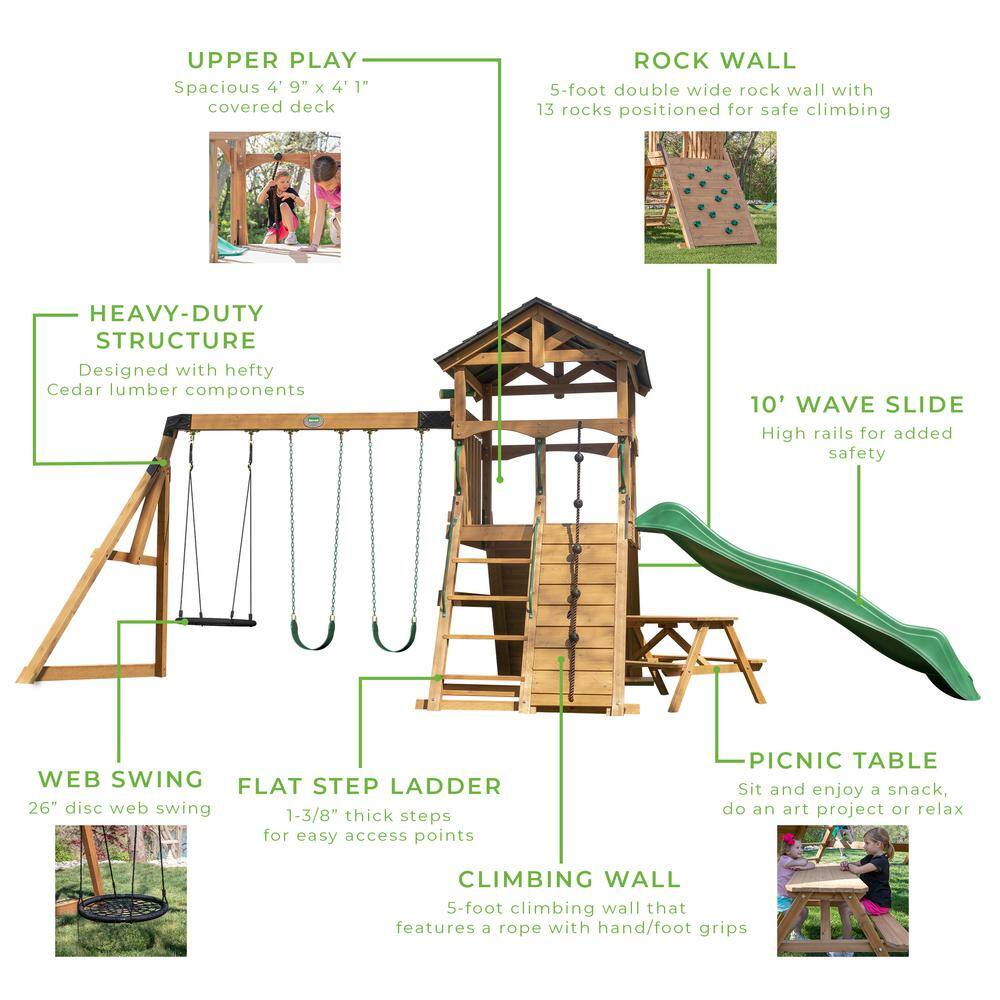 Endeavor II Cedar Swing Set with Slide and Climbing Wall