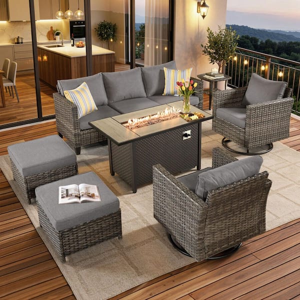 New Star Gray 7-Piece Wicker Patio Rectangle Fire Pit Conversation Set with Dark Gray Cushions and Swivel Chairs