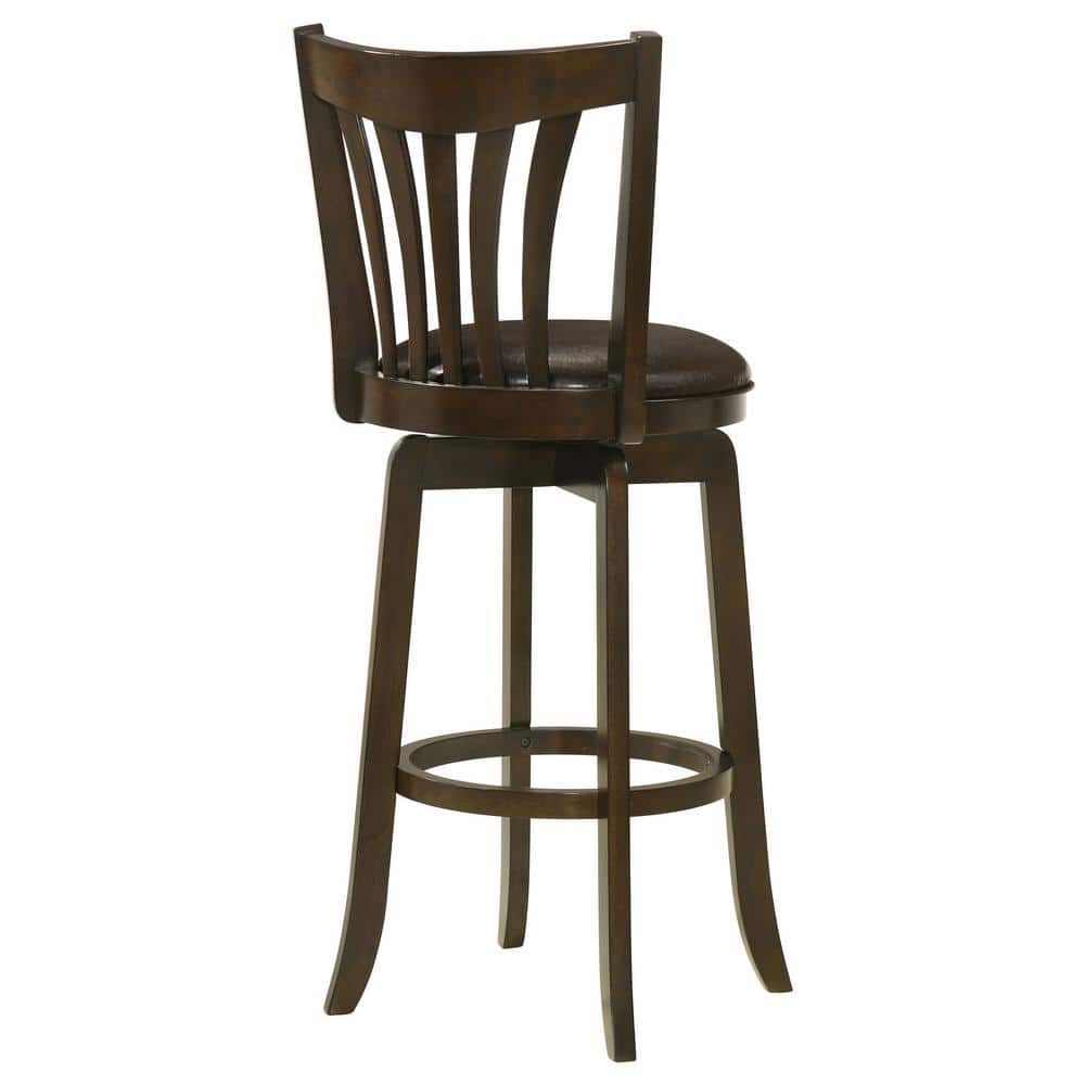 Dark Brown Wood Swivel Bar Stool with Faux Leather Seat