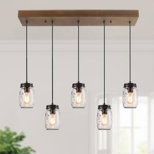 Modern Farmhouse 5-Light Oil-Rubbed Bronze DIY Linear Chandelier with Mason Jar Glass Shades & Wooden Rectangle Canopy