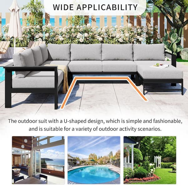 Black Metal Multi-Person Outdoor L-Shaped Couch Set with Ottoman and Soft Gray Cushions