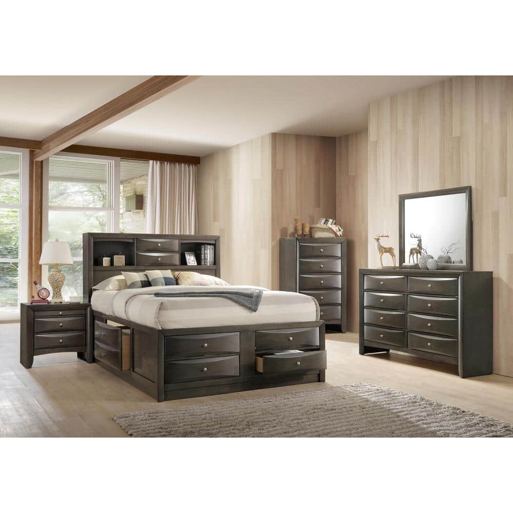 Transitional Gray Oak Queen Bed with Bookcase and Storage Drawers