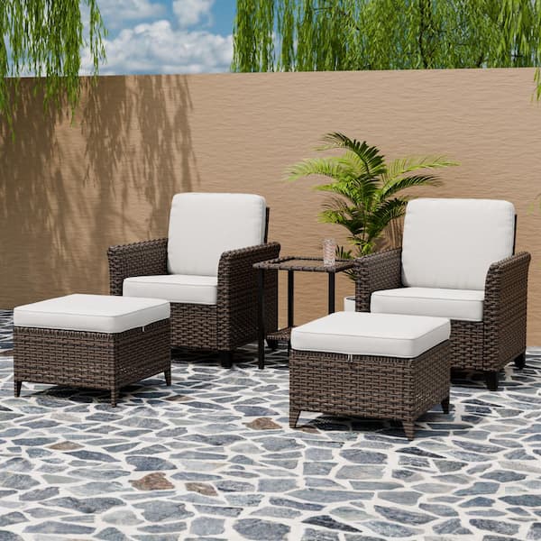 EAGLE PEAK 5-Piece Mix Brown Wicker Patio Conversation Set Wide Armrest Chair Set with Beige Cushions, Ottomans, Side Table