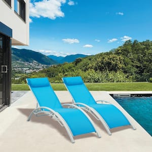 White Metal with Blue Fabric Outdoor Patio Adjustable Reclining Chaise Lounge (Set of 2)