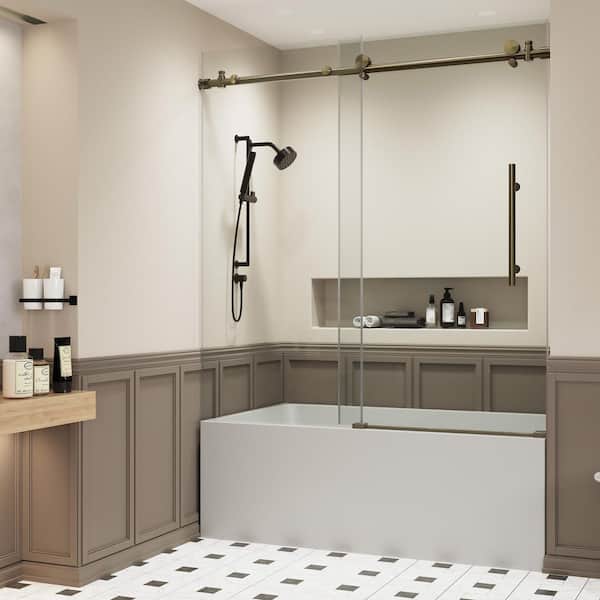 60 in. W x 60 in. H Single Sliding Tub Door in Gold with Clear Glass