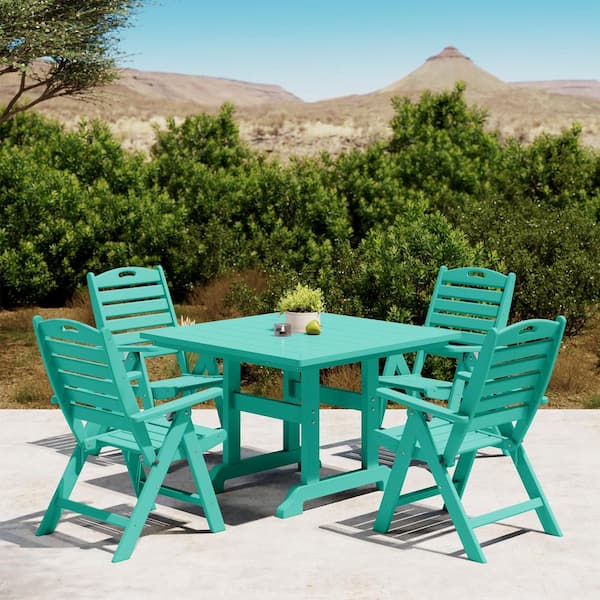 Laguna All Weather HDPE Plastic Outdoor 5-Piece Square Table Folding Highback Chairs Patio Dining Set, Turquoise