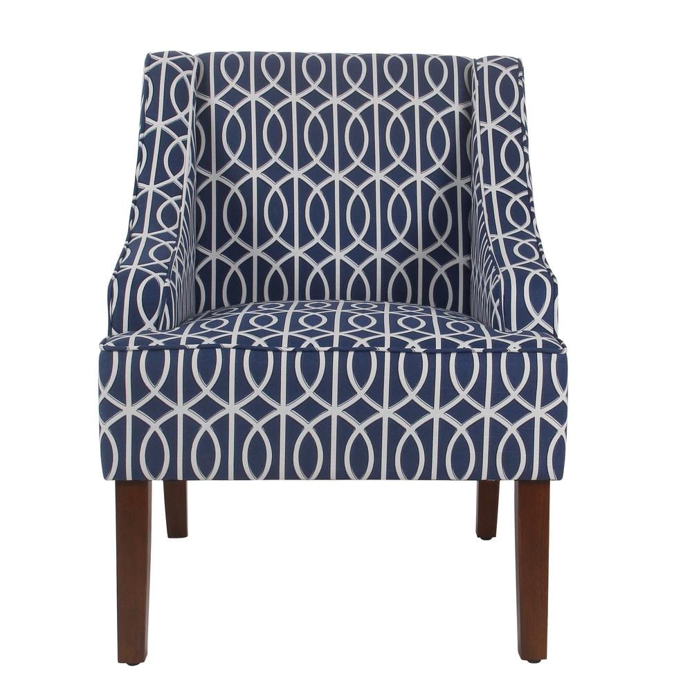 Classic Blue Trellis Swoop Arm Accent Chair with Wood Legs