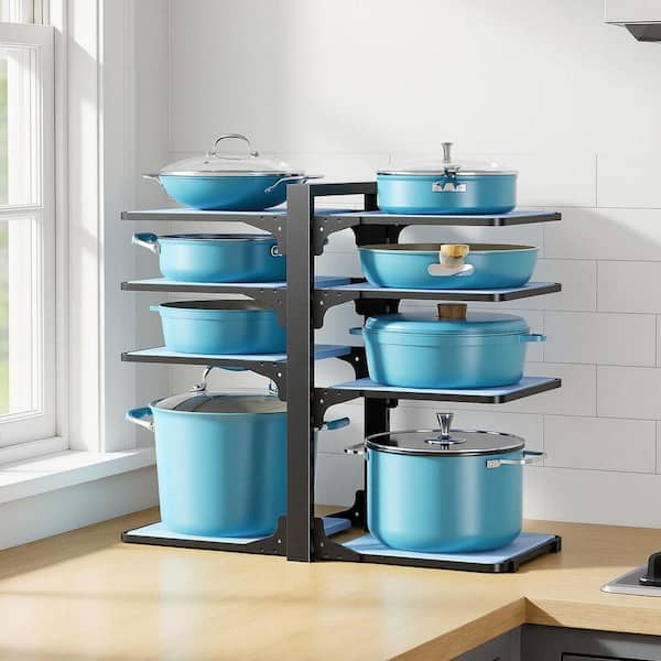 Black Adjustable 8-Tier Pan Organizer Rack Pot Rack Non-Slip Heavy Duty Pot and Pan Organizer for Cabinet Storage
