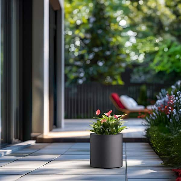 10 in. W x 10 in. H Charcoal Black Large Tall Round Concrete Planter / Garden Plant Pot for Indoor and Outdoor