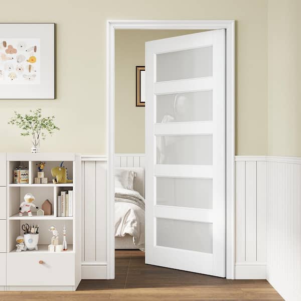 36 in. x 80 in. Solid Core 5-Lite Tempered Frosted Glass White Primed MDF Interior Door Slab without Jamb