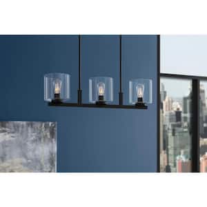 Kendall Manor 3-Light Matte Black Linear Dining Room Chandelier with Clear Glass Shades, Kitchen Pendant Lighting