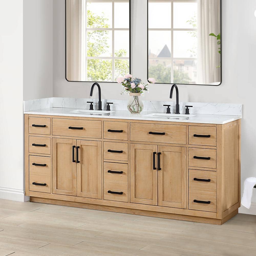 Gavino 84" Light Brown Wood Vanity with Composite Stone Top