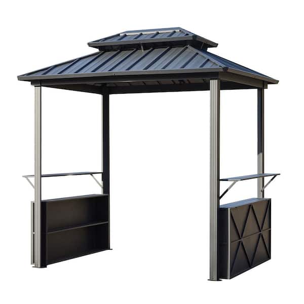 8 ft. x 6 ft. Permanent Outdoor Aluminum Patio Gazebo with Hands-Free Bars and Shelves Double Roof