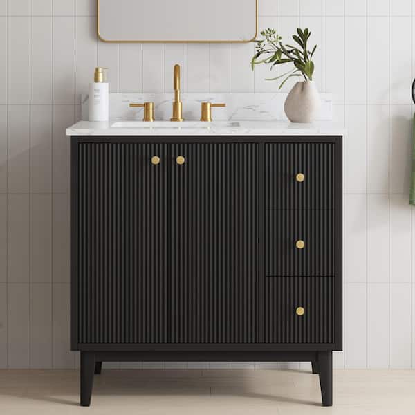 Sylvie 36 in. Single Sink Fluted Black Bathroom Vanity with Carrara Venato Engineered Stone Top (Assembled)