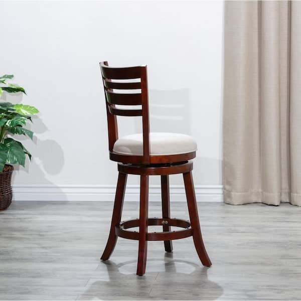 Cedara 24 in. H Cherry Red Wood Frame Slatted Back Counter Height Swivel Bar Stool with Beige Fabric Seat (1-Pack)