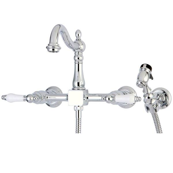 Kingston Brass Victorian 2-Handle Wall-Mount Side Sprayer Kitchen Faucet with Porcelain Lever Handles in Polished Chrome