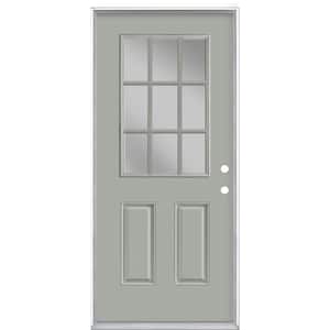 36 in. x 80 in. 9 Lite Silver Cloud Left Hand Inswing Painted Smooth Fiberglass Prehung Front Door with No Brickmold