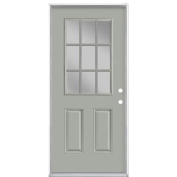 Masonite 36 in. x 80 in. 9 Lite Silver Cloud Left Hand Inswing Painted Smooth Fiberglass Prehung Front Exterior Door, Vinyl Frame