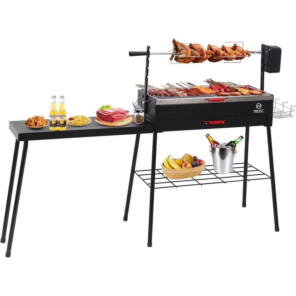 Portable Black Stainless Steel Rotisserie Charcoal Grill with Side Table