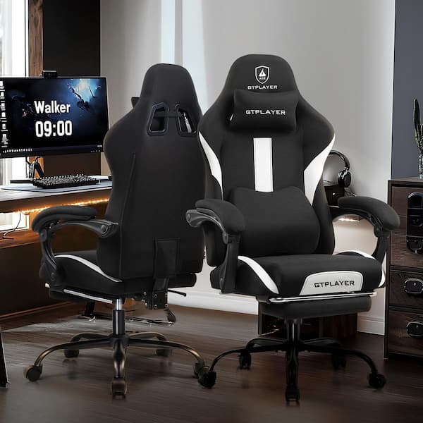 Breathable Fabric Computer Chair with Footrest and Pocket Spring Cushion Ergonomic Gaming Chair, White